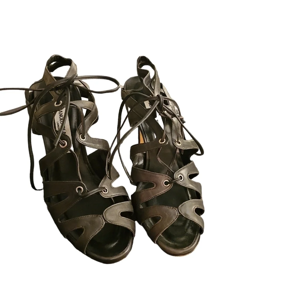 Manolo Blahnik sz 39 dark green leather lace up heels us sz 9 Made in Italy SH92